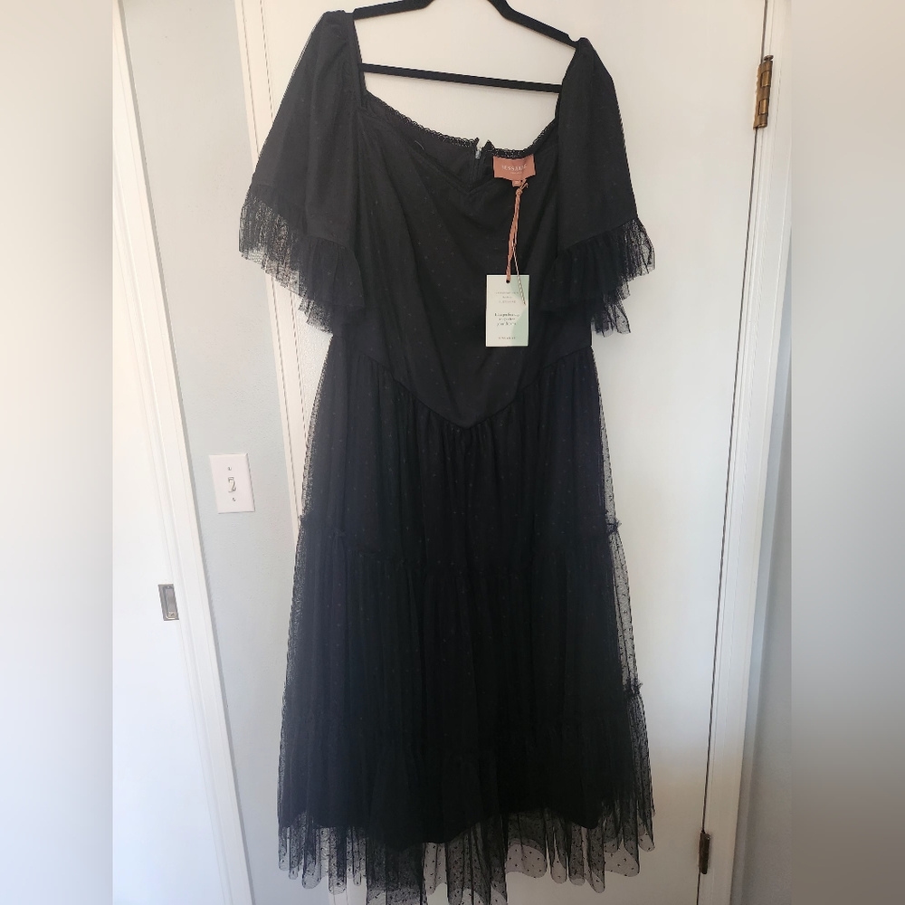 JessaKae Black Tulle Midi Dress with Sweetheart Neckline and Flutter Sleeves